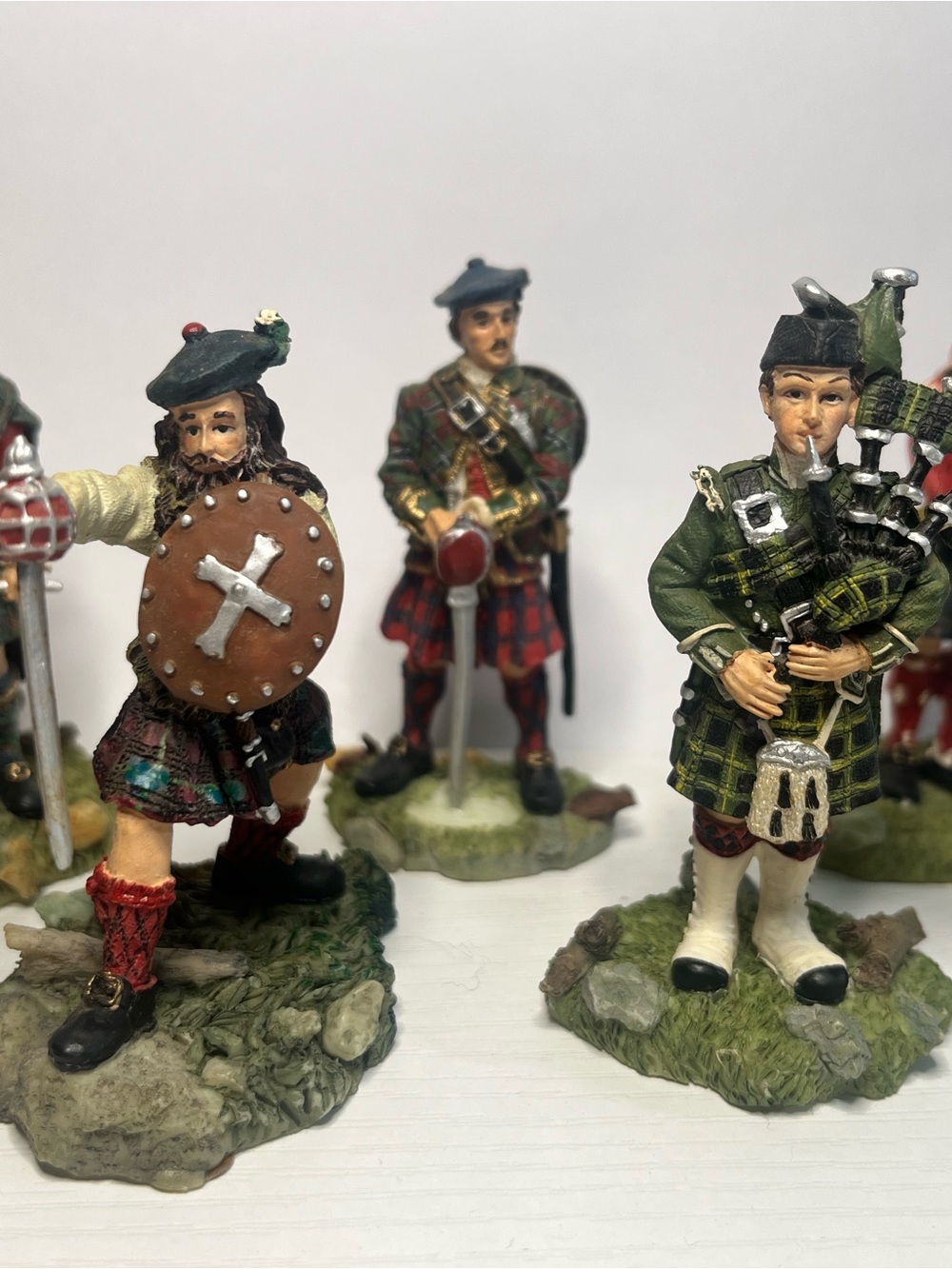 Five Handmade Scottish Highlander Miniature Figurines Set - Green & Red Tartans